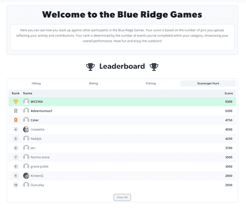 Blue Ridge Games Leaderboard